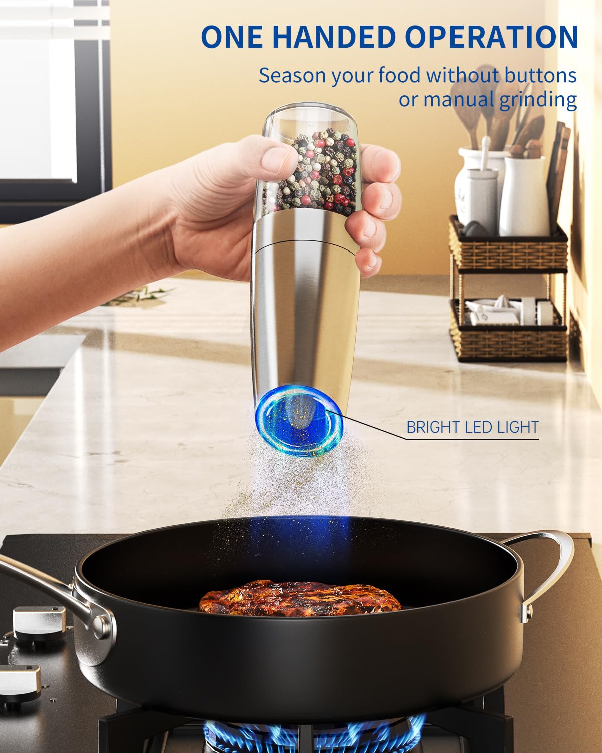CIRCLE JOY Rechargeable Salt and Pepper Grinder Set Gravity Electric Salt and Pepper Grinder Set, LED Light, Adjustable Coarseness, for Home Kitchen BBQ, Black & White