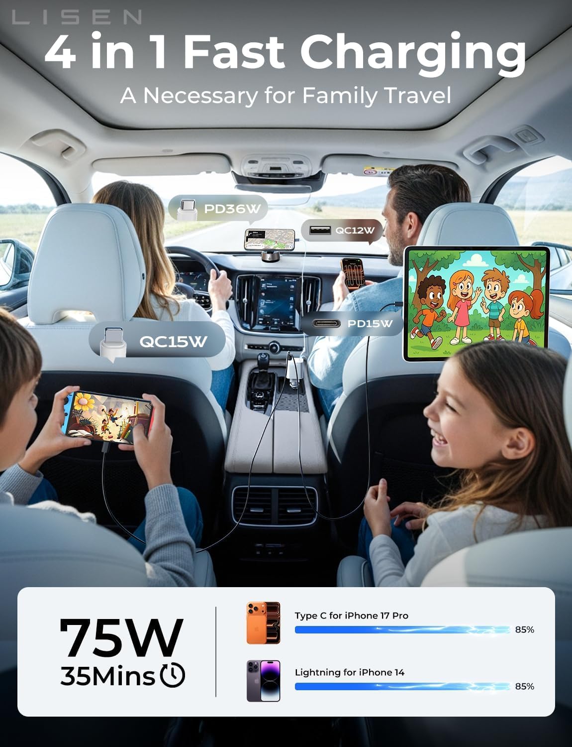 LISEN Retractable Car Charger, 84W Car Charger USB C Fast Charge,4 in 1