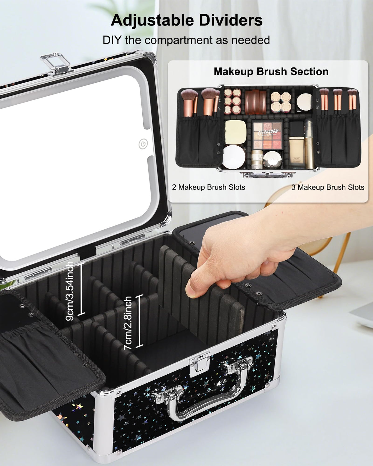 Relavel Makeup Bag with LED Mirror, Makeup Box Travel Train Case with Rechargeable Lighted Mirror & Adjustable Dividers, Cosmetic Brush Organizer Storage for Makeup Artists Gifts for Women and Girls