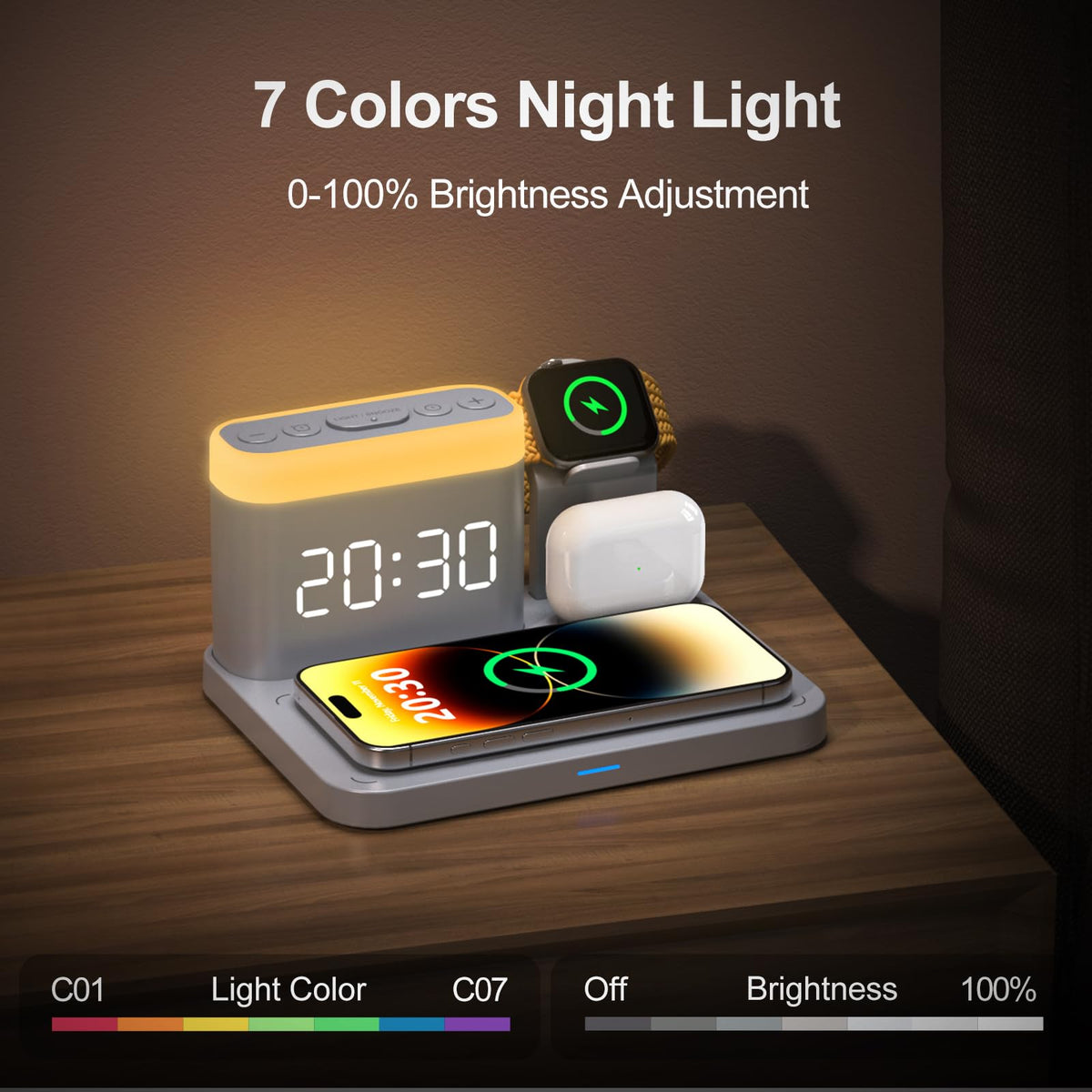 5 in 1 Wireless Charging Station with Alarm Clock & Night Light