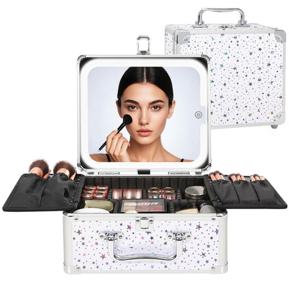 Makeup Train Case with LED Mirror, Rechargeable Travel Makeup Bag