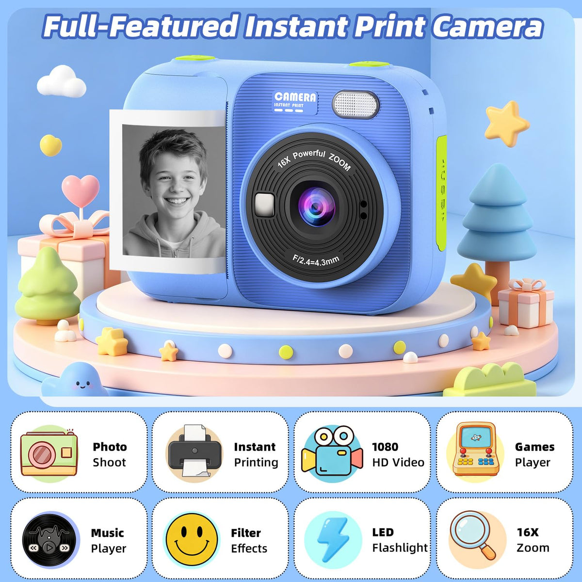 Kids Instant Print Camera with 5 Rolls Print Paper, 1080P HD Camera, Rechargeable Portable Toddler Selfie Camera, Christmas Birthday Gifts Toys for Boys Girls Age 3-12 (Red & Blue)