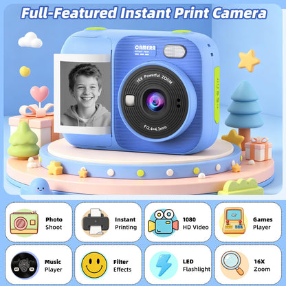 Kids Instant Print Camera with 5 Rolls Print Paper, 1080P HD Camera, Rechargeable Portable Toddler Selfie Camera, Christmas Birthday Gifts Toys for Boys Girls Age 3-12 (Red & Blue)