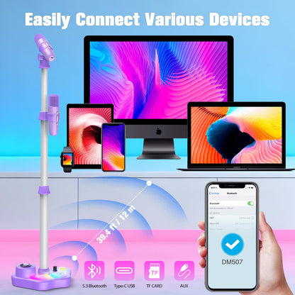Kids Stand Karaoke Machine Toys for 3 4 5 6 7 8 Year Old Girls Gift, Kid Rechargeable Microphone Toddler Christmas Birthday Gift Singing Toy for Girl Ages 3-5 4-6, Bluetooth Speaker with 2 Mics
