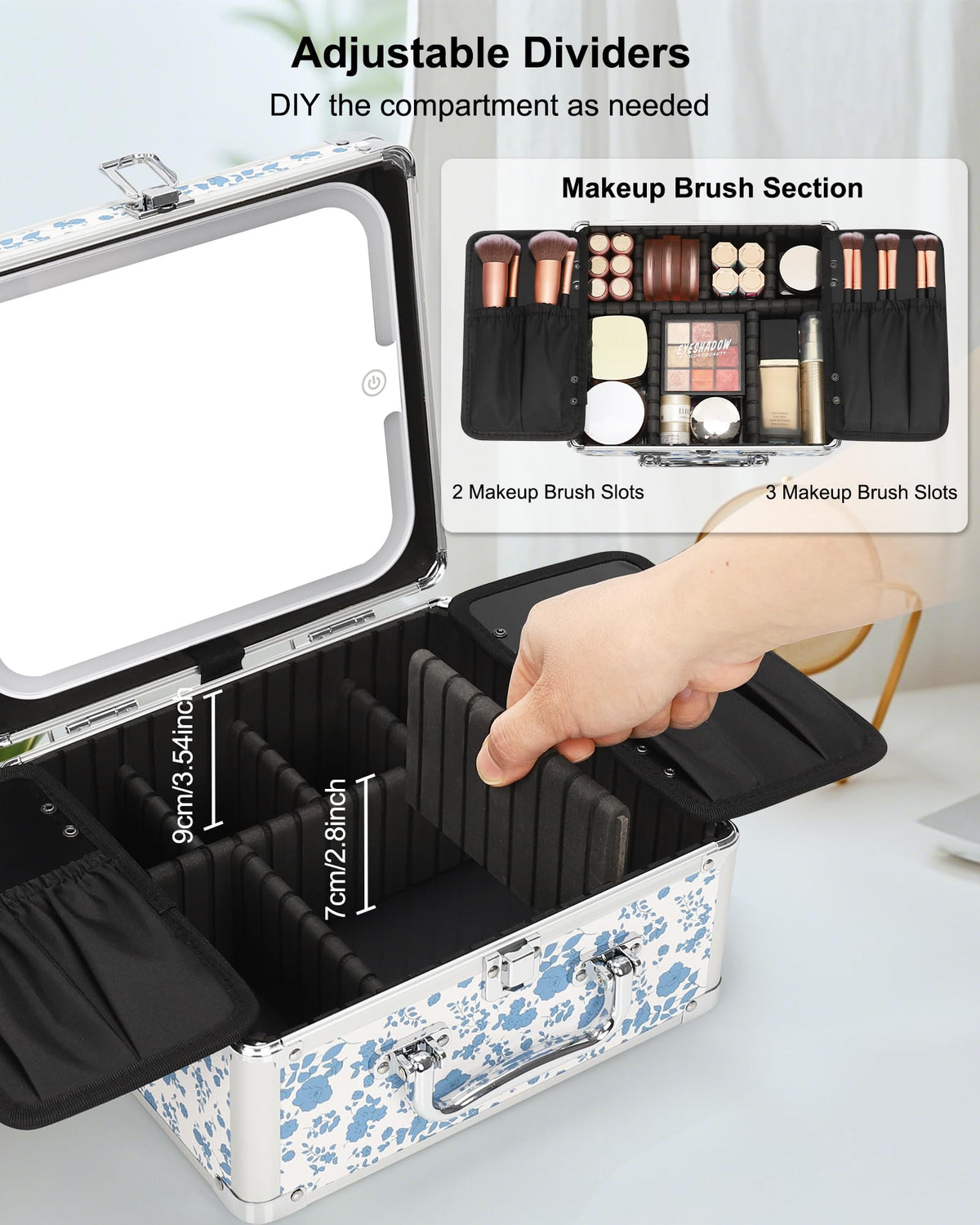 Relavel Makeup Bag with LED Mirror, Makeup Box Travel Train Case with Rechargeable Lighted Mirror & Adjustable Dividers, Cosmetic Brush Organizer Storage for Makeup Artists Gifts for Women and Girls