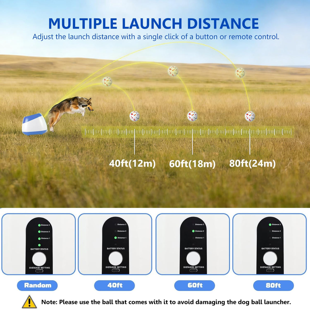 Automatic Ball Launcher for Dogs, 3 Distances 20-45ft, 6 Balls Included