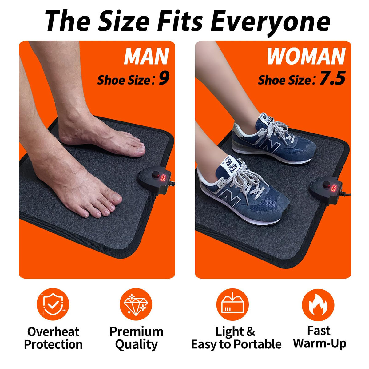 Heated Floor Mat Under Desk for Foot Warmer - Wider 110V Adjustable Temperature Electric Space Heaters Heating Pad - Carbon Crystal & Energy Saving Feet Warmers for Office,Home (Black Gray)