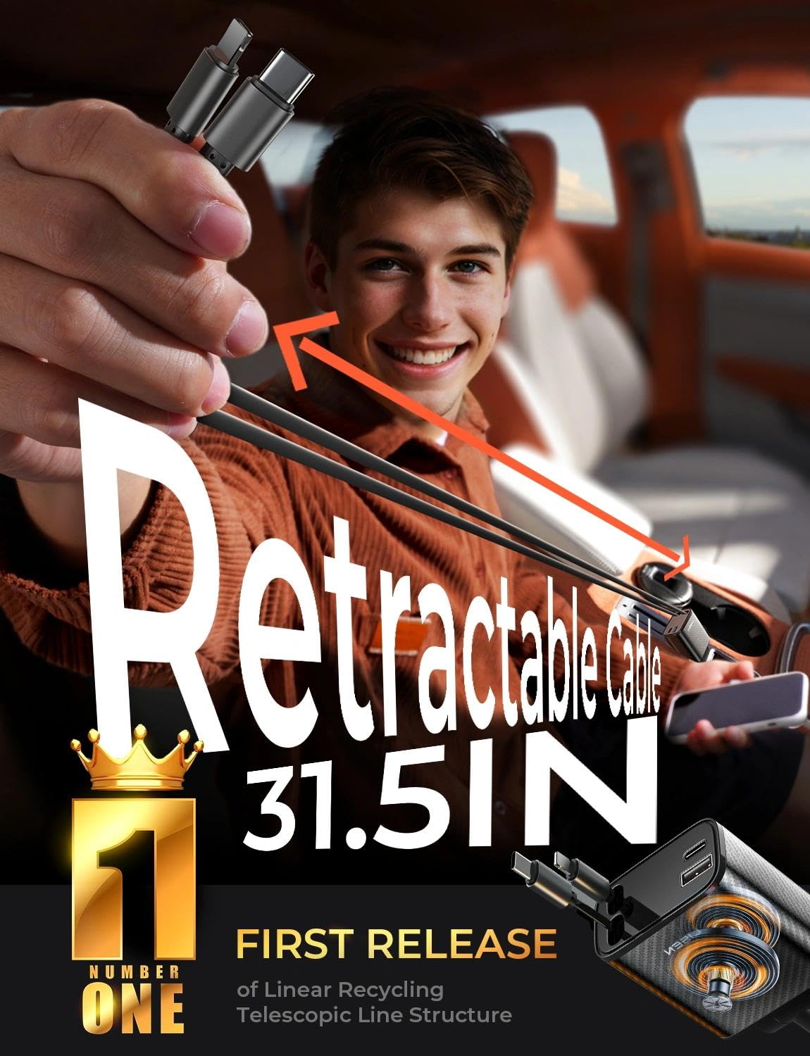 LISEN Retractable Car Charger, 84W Car Charger USB C Fast Charge,4 in 1