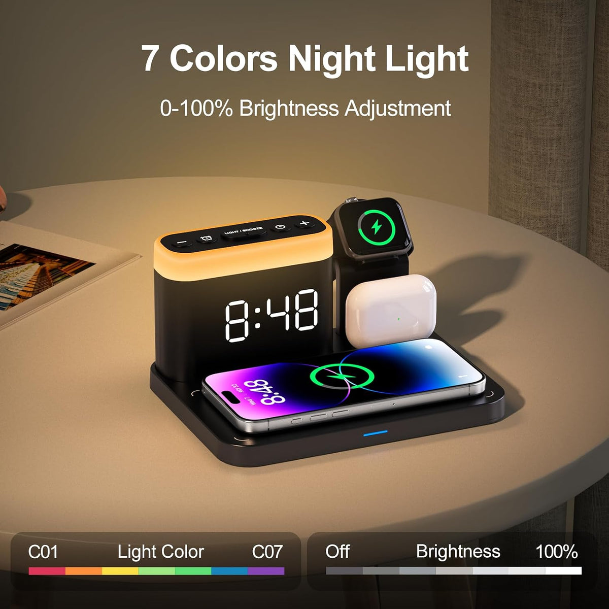 5 in 1 Wireless Charging Station with Alarm Clock & Night Light