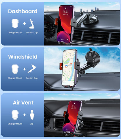 Wireless Car Charger 15W Fast Charging Dash Windshield Vent Car Mount
