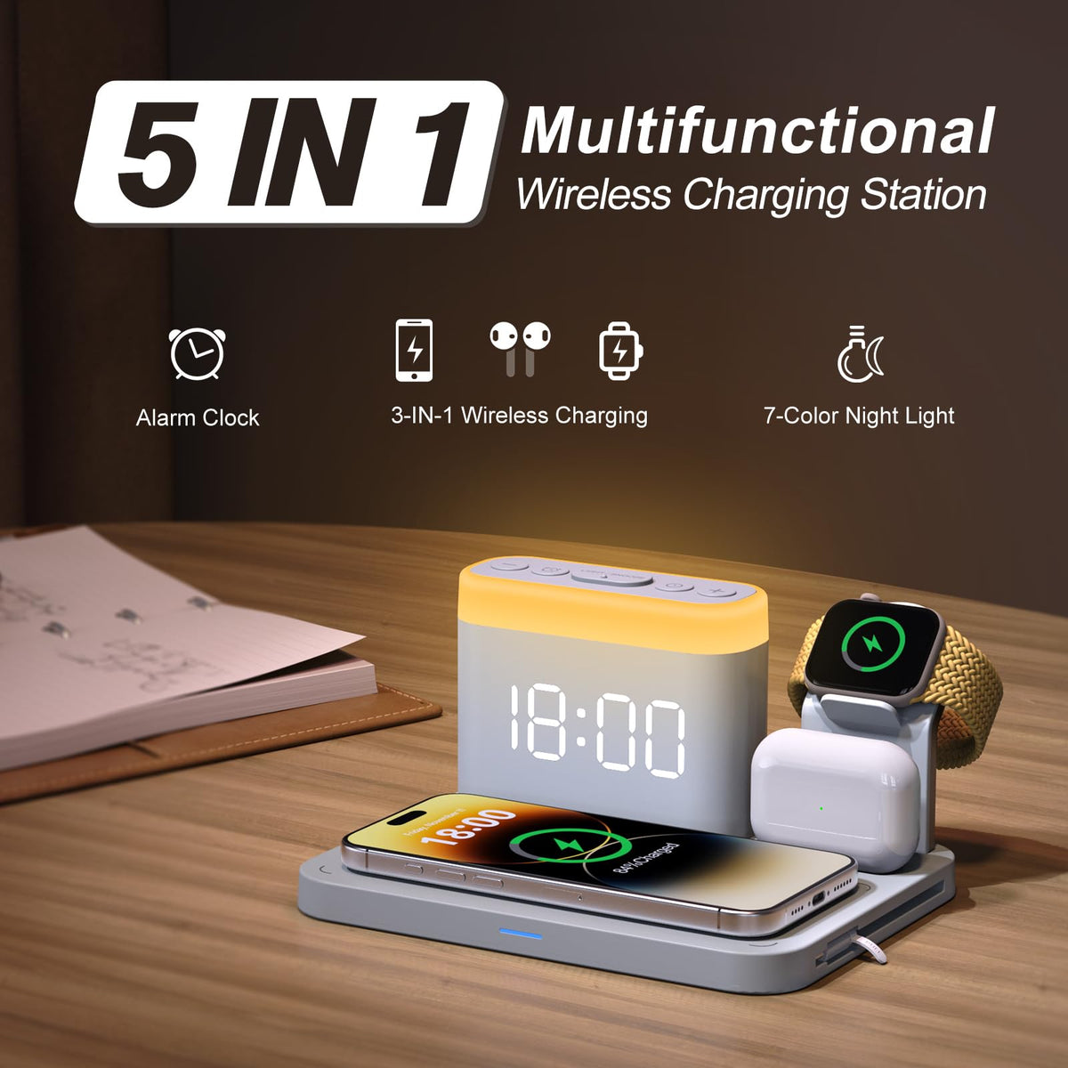 5 in 1 Wireless Charging Station with Alarm Clock & Night Light