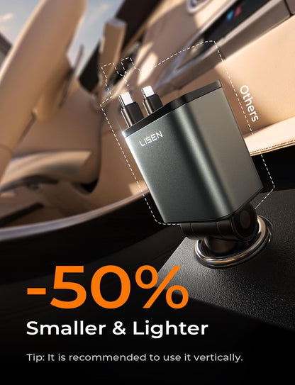 LISEN Retractable Car Charger, 84W Car Charger USB C Fast Charge,4 in 1