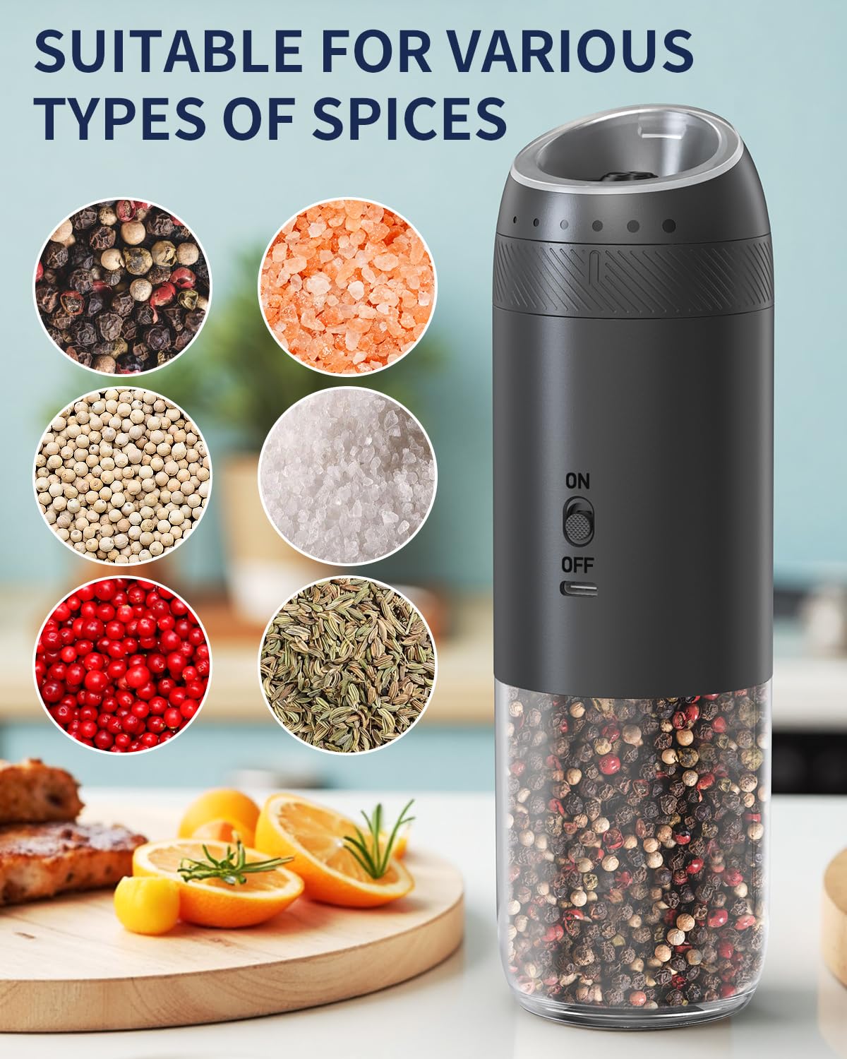 Electric Salt and Pepper Grinder Set, Gravity Rechargeable with LED