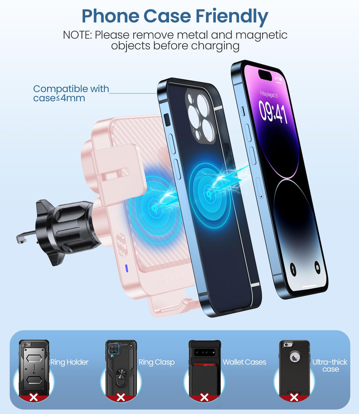Wireless Car Charger 15W Fast Charging Dash Windshield Vent Car Mount