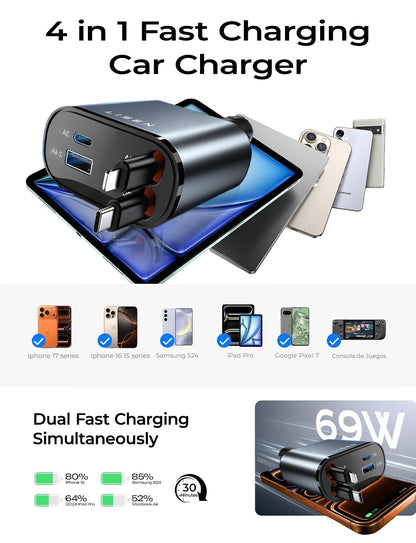 LISEN Retractable Car Charger, 84W Car Charger USB C Fast Charge,4 in 1