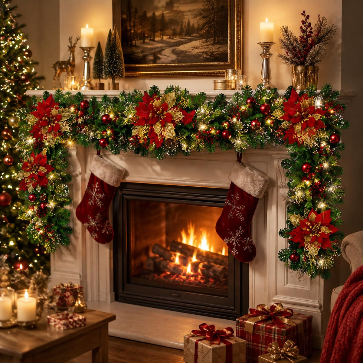 Christmas Garland with Lights 9ft, Prelit for Mantle, Stairs & Door