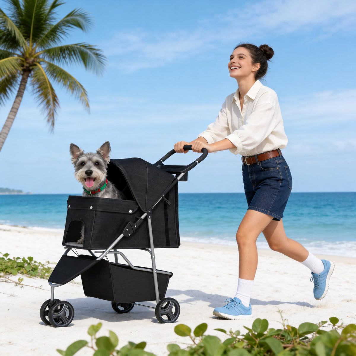 Pet Stroller for Dogs & Cats, 3 Wheel Foldable with Storage Basket