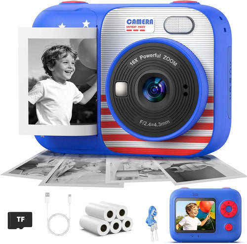 Kids Instant Print Camera with 5 Rolls Print Paper, 1080P HD Camera, Rechargeable Portable Toddler Selfie Camera, Christmas Birthday Gifts Toys for Boys Girls Age 3-12 (Red & Blue)