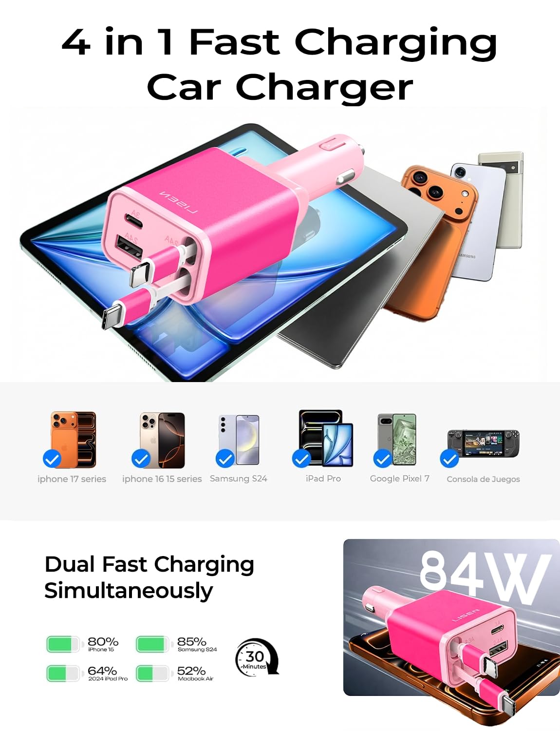 LISEN Retractable Car Charger, 84W Car Charger USB C Fast Charge,4 in 1