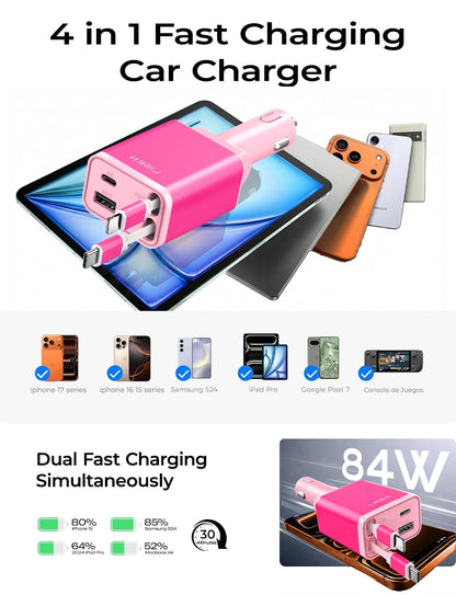 LISEN Retractable Car Charger, 84W Car Charger USB C Fast Charge,4 in 1