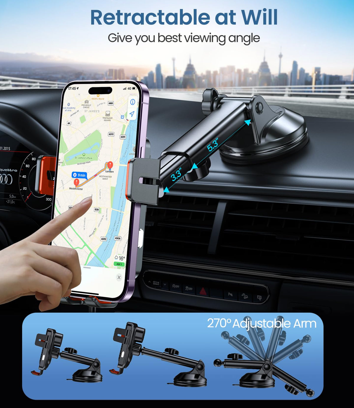 Wireless Car Charger 15W Fast Charging Dash Windshield Vent Car Mount