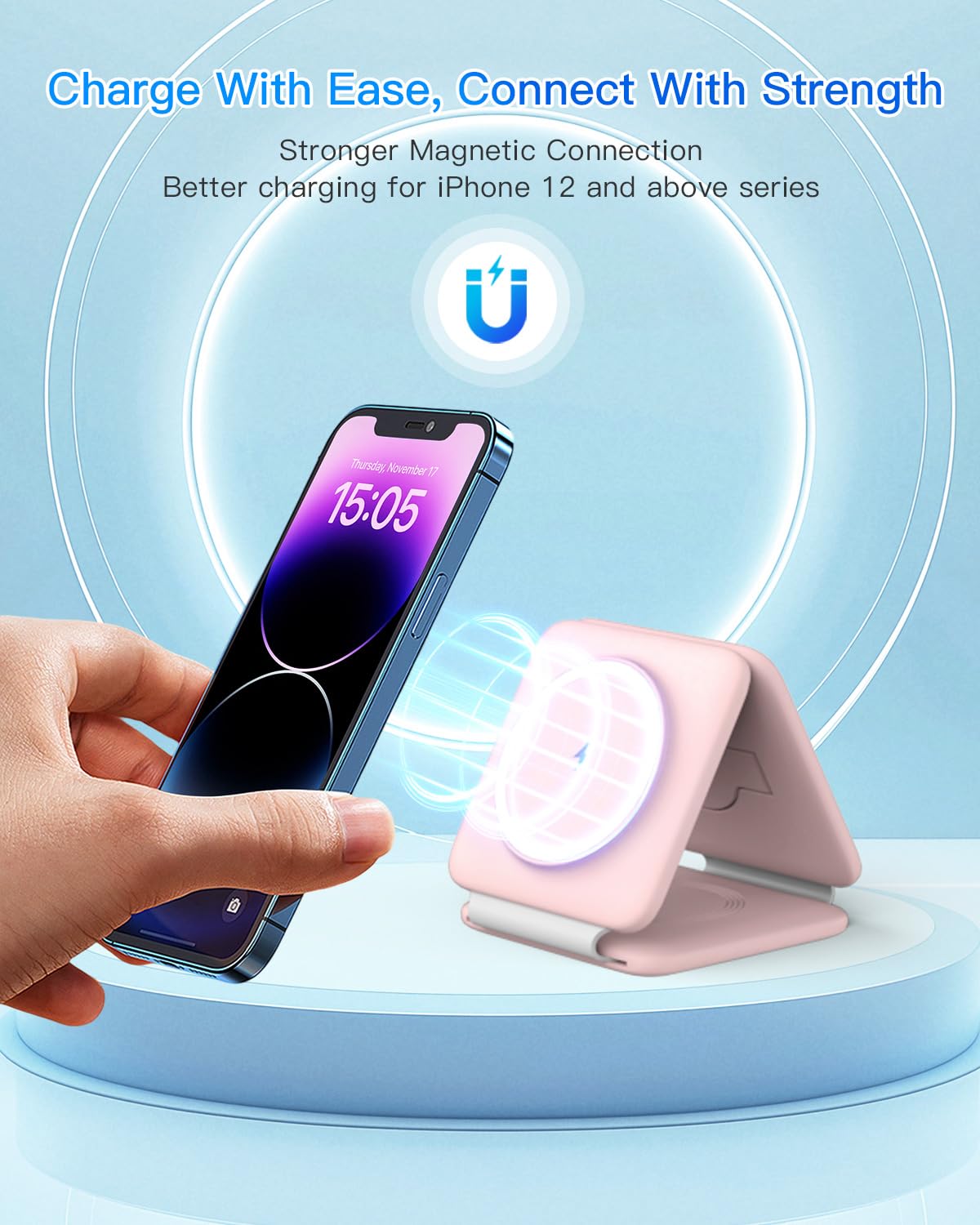 3 in 1 Charging Station, Foldable Magnetic Wireless Charger for iPhone & Watch