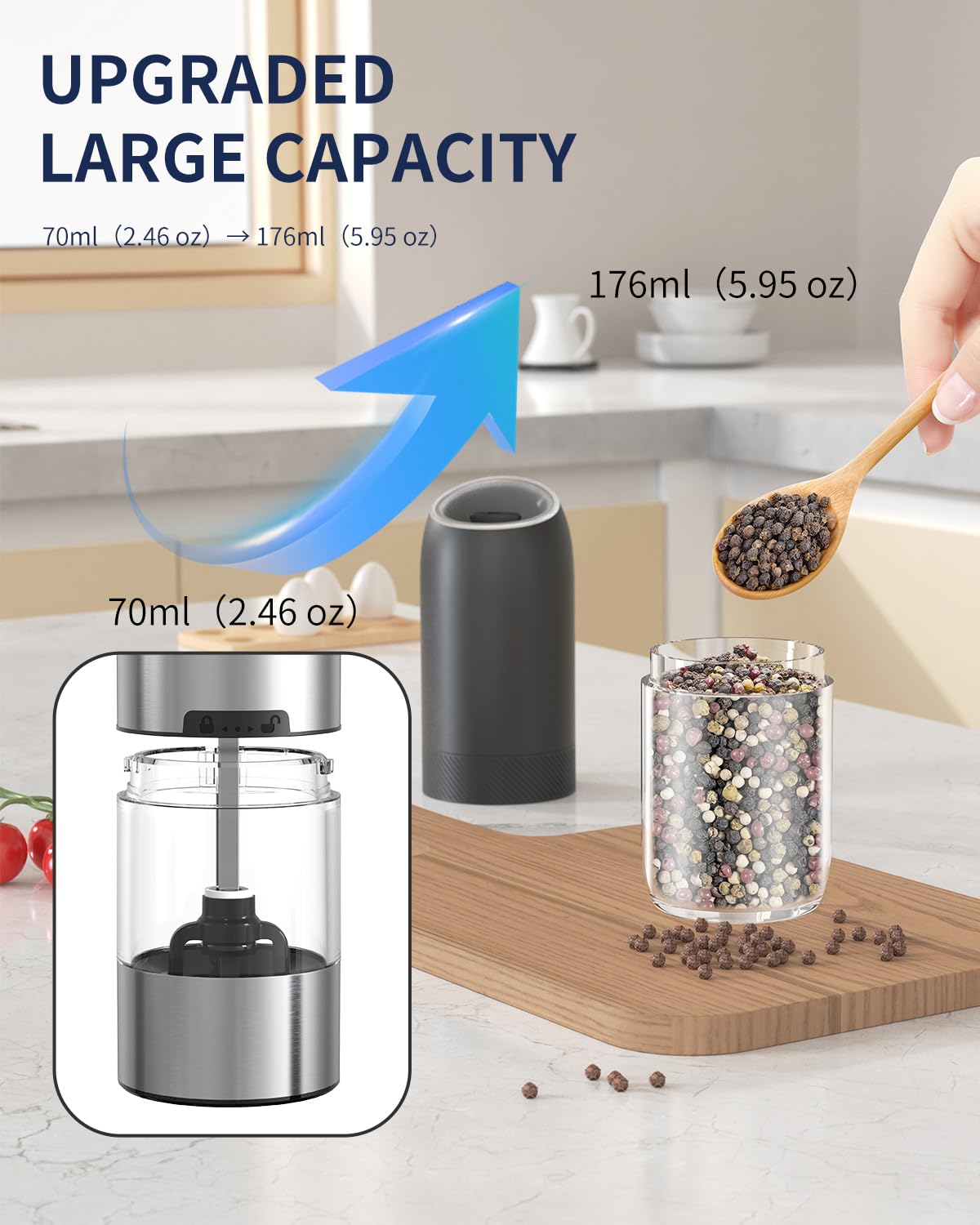 CIRCLE JOY Rechargeable Salt and Pepper Grinder Set Gravity Electric Salt and Pepper Grinder Set, LED Light, Adjustable Coarseness, for Home Kitchen BBQ, Black & White