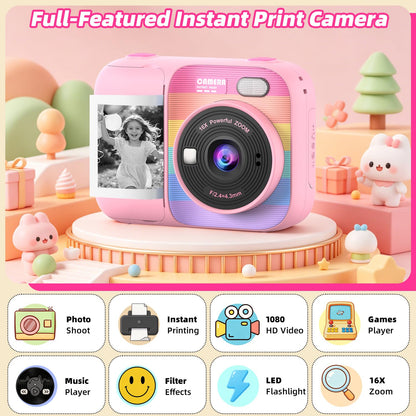 Kids Instant Print Camera with 5 Rolls Print Paper, 1080P HD Camera, Rechargeable Portable Toddler Selfie Camera, Christmas Birthday Gifts Toys for Boys Girls Age 3-12 (Red & Blue)