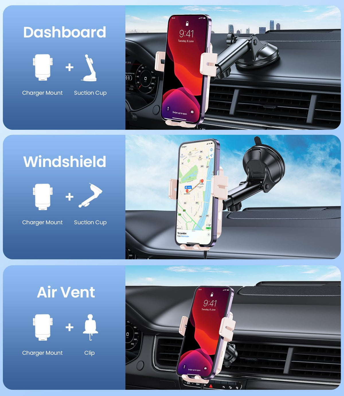Wireless Car Charger 15W Fast Charging Dash Windshield Vent Car Mount