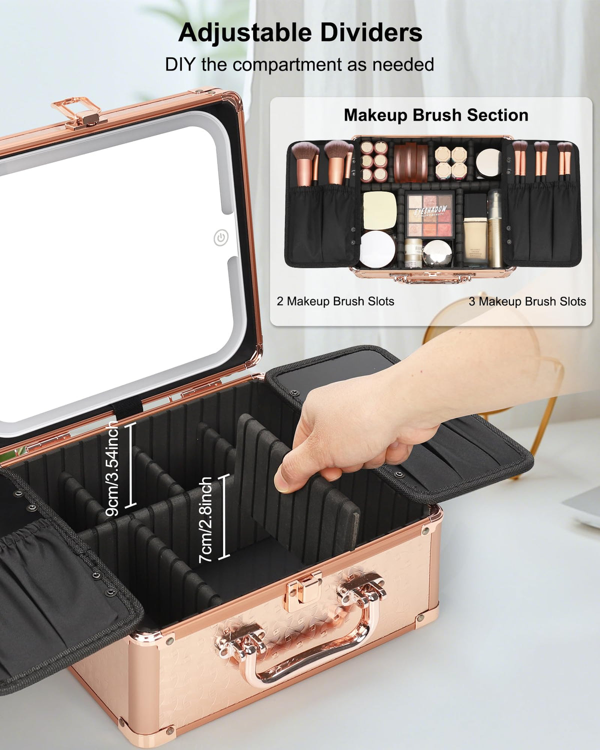 Relavel Makeup Bag with LED Mirror, Makeup Box Travel Train Case with Rechargeable Lighted Mirror & Adjustable Dividers, Cosmetic Brush Organizer Storage for Makeup Artists Gifts for Women and Girls