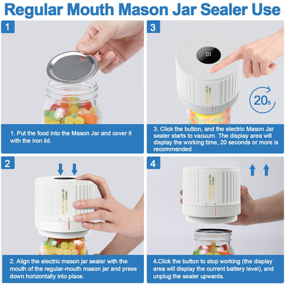 Mason Jar Vacuum Sealer Kit, Electric One Touch Auto Stop