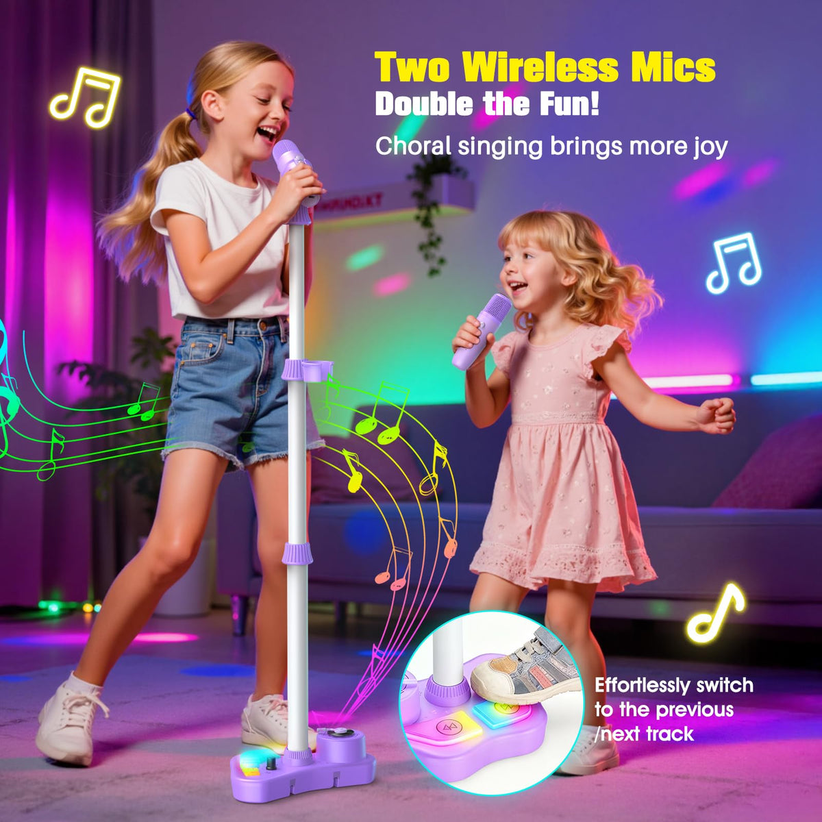 Kids Stand Karaoke Machine Toys for 3 4 5 6 7 8 Year Old Girls Gift, Kid Rechargeable Microphone Toddler Christmas Birthday Gift Singing Toy for Girl Ages 3-5 4-6, Bluetooth Speaker with 2 Mics