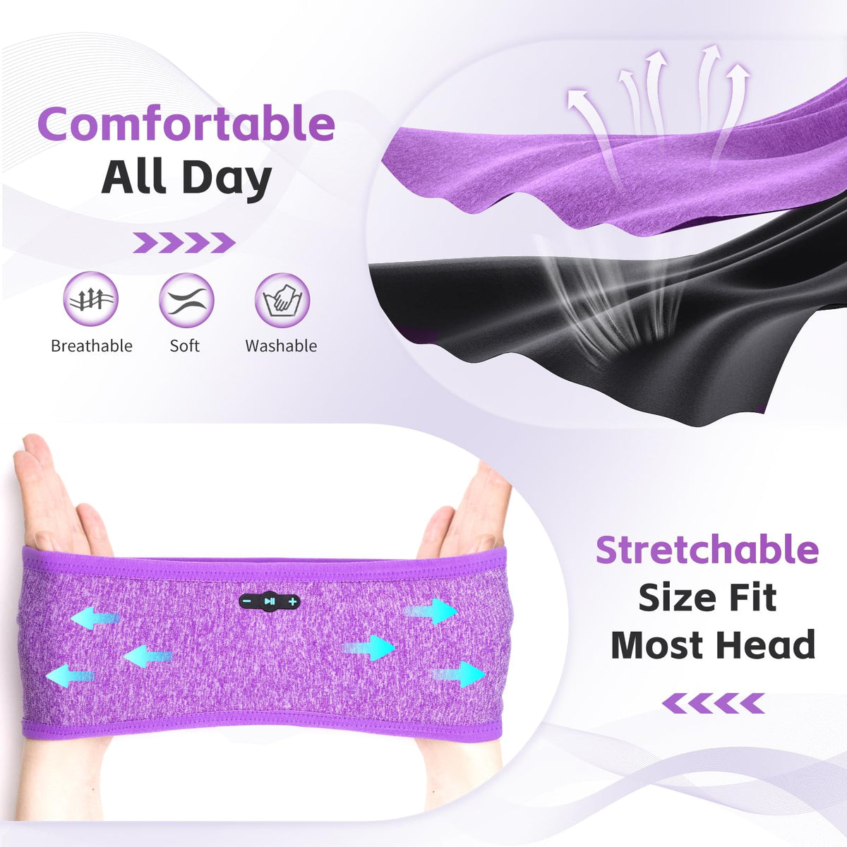 Sleep Headphones Bluetooth 6.0 Headband for Side Sleeper (Black)