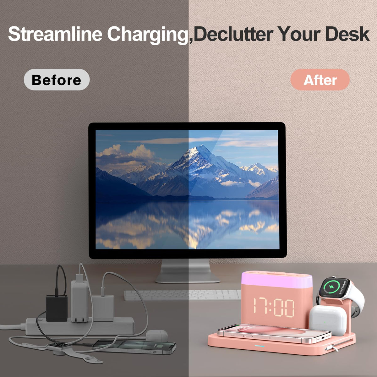 5 in 1 Wireless Charging Station with Alarm Clock & Night Light