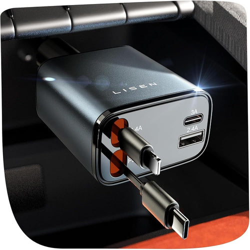LISEN Retractable Car Charger, 84W Car Charger USB C Fast Charge,4 in 1