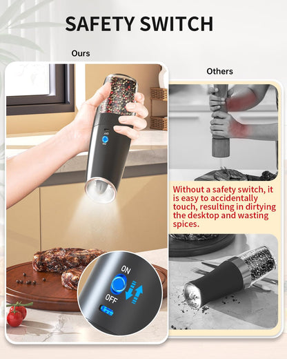 Electric Salt and Pepper Grinder Set, Gravity Rechargeable with LED