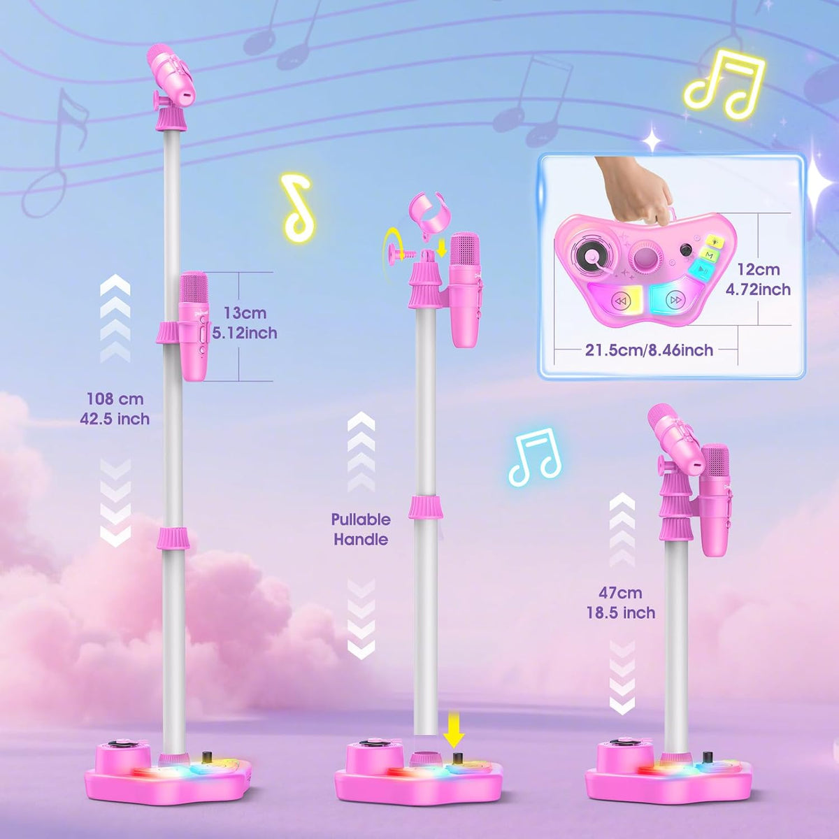 Kids Stand Karaoke Machine Toys for 3 4 5 6 7 8 Year Old Girls Gift, Kid Rechargeable Microphone Toddler Christmas Birthday Gift Singing Toy for Girl Ages 3-5 4-6, Bluetooth Speaker with 2 Mics