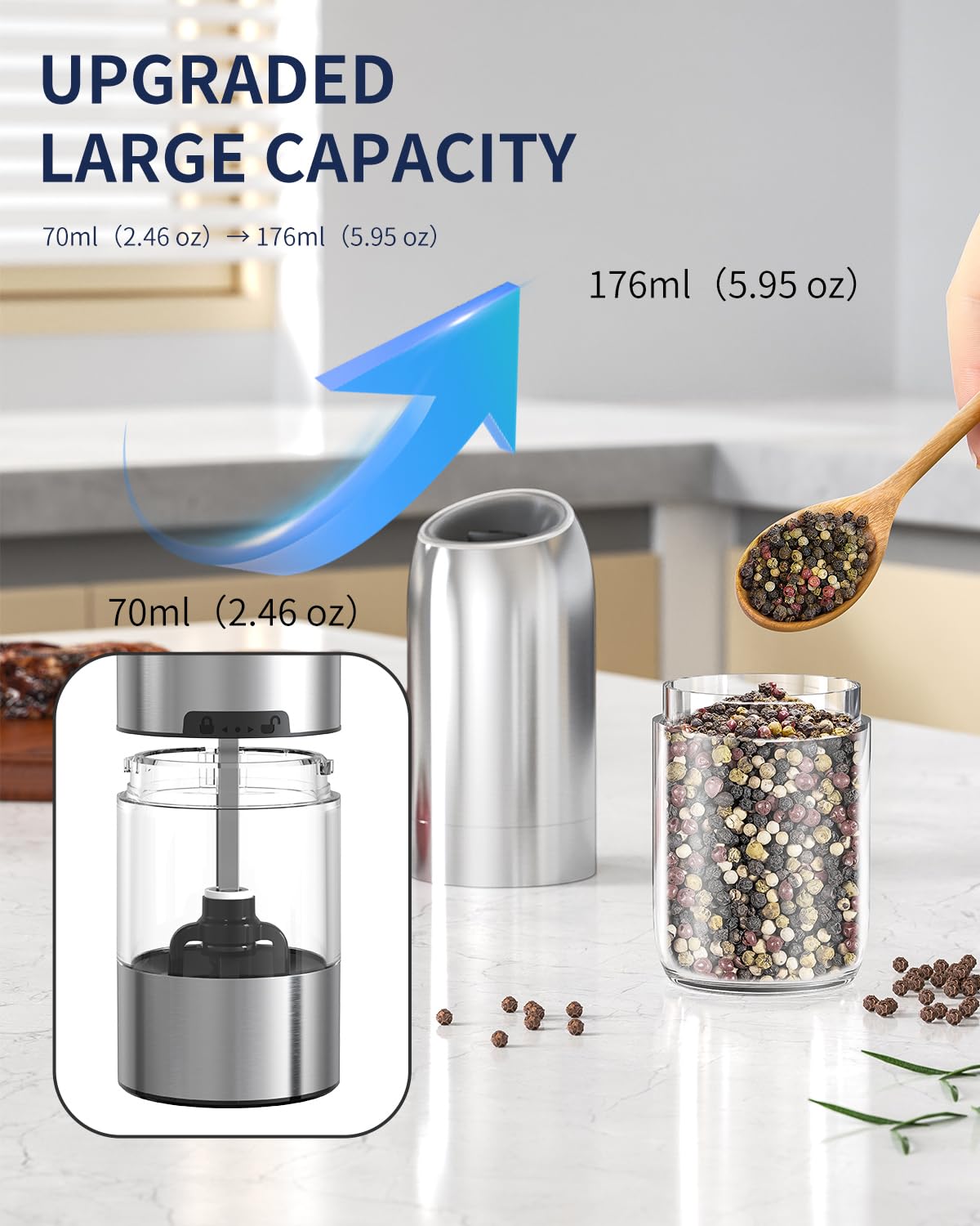 CIRCLE JOY Rechargeable Salt and Pepper Grinder Set Gravity Electric Salt and Pepper Grinder Set, LED Light, Adjustable Coarseness, for Home Kitchen BBQ, Black & White