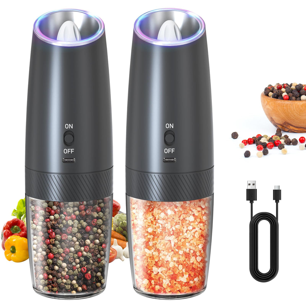 Electric Salt and Pepper Grinder Set, Gravity Rechargeable with LED