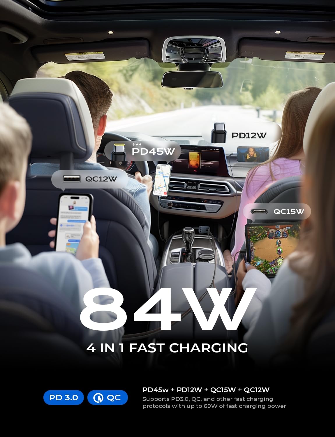 LISEN Retractable Car Charger, 84W Car Charger USB C Fast Charge,4 in 1