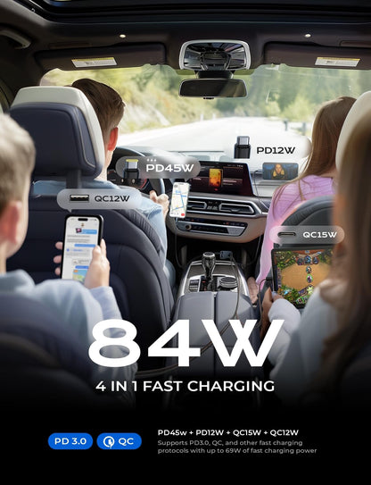LISEN Retractable Car Charger, 84W Car Charger USB C Fast Charge,4 in 1