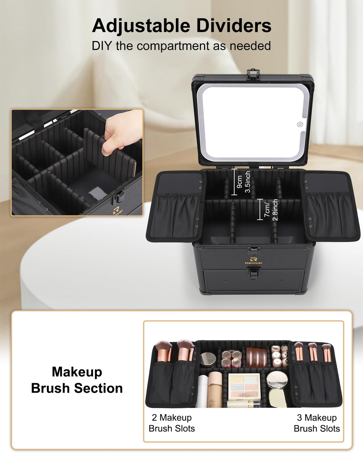 Relavel Makeup Bag with LED Mirror, Makeup Box Travel Train Case with Rechargeable Lighted Mirror & Adjustable Dividers, Cosmetic Brush Organizer Storage for Makeup Artists Gifts for Women and Girls