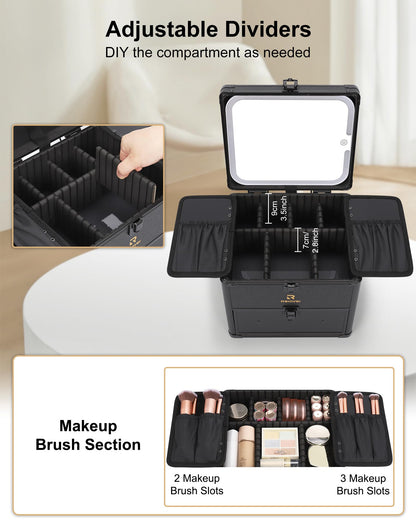 Makeup Train Case with LED Mirror, Rechargeable Travel Makeup Bag