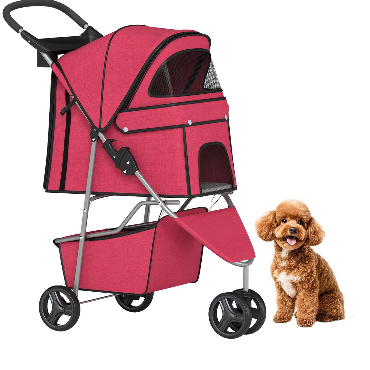 BestPet | 3-Wheel Pet Stroller | Dog and Cat Stroller | Breathable Mesh | Lightweight Travel Carrier | Waterproof & Foldable Design | Storage Basket | Black | for Daily Walks & Outdoor Use