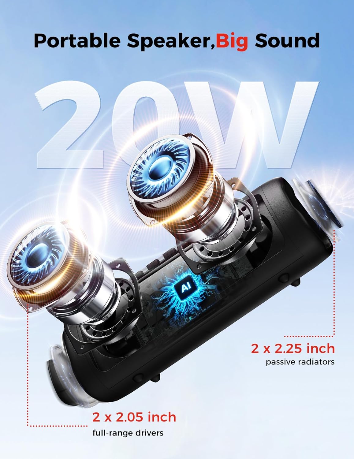 Portable Bluetooth Speaker 20W, IPX5 Waterproof, 24H Playtime