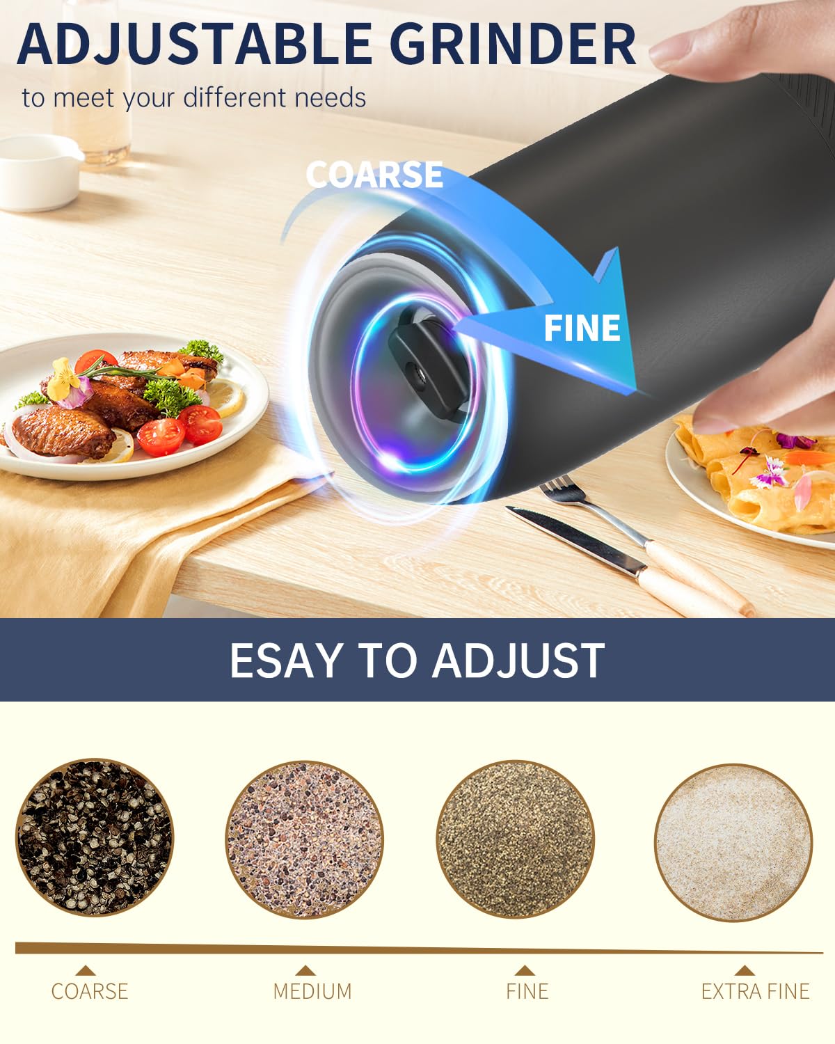 Electric Salt and Pepper Grinder Set, Gravity Rechargeable with LED