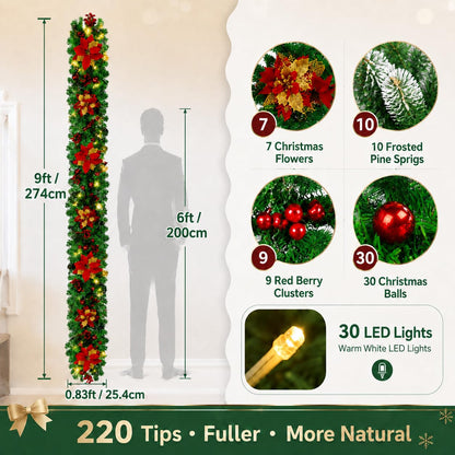 Christmas Garland with Lights 9ft, Prelit for Mantle, Stairs & Door