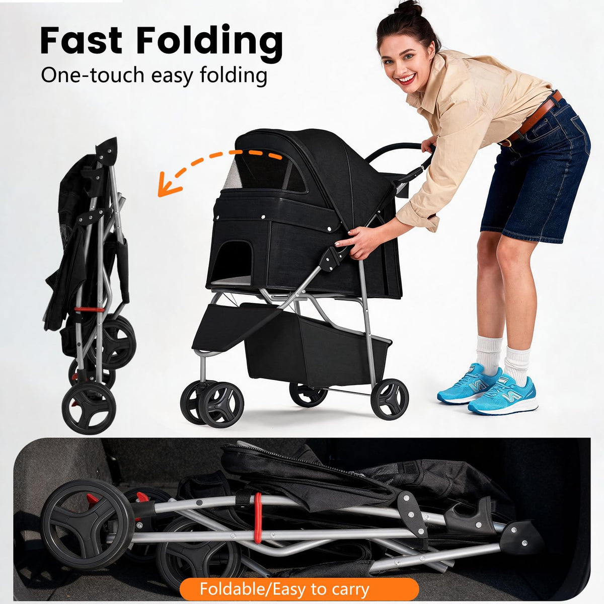 Pet Stroller for Dogs & Cats, 3 Wheel Foldable with Storage Basket
