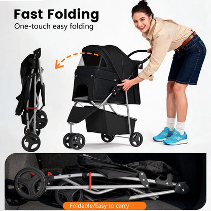 Pet Stroller for Dogs & Cats, 3 Wheel Foldable with Storage Basket