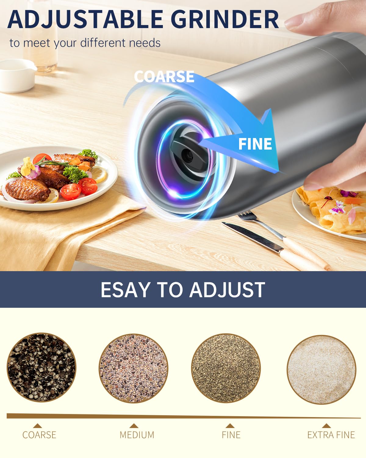 CIRCLE JOY Rechargeable Salt and Pepper Grinder Set Gravity Electric Salt and Pepper Grinder Set, LED Light, Adjustable Coarseness, for Home Kitchen BBQ, Black & White